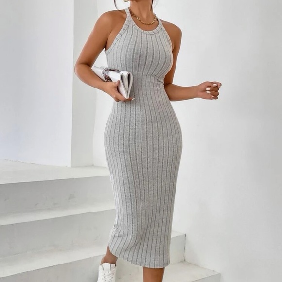 Minimalist Halter ribbed knot Bodycon midi Dress gray - Picture 1 of 14